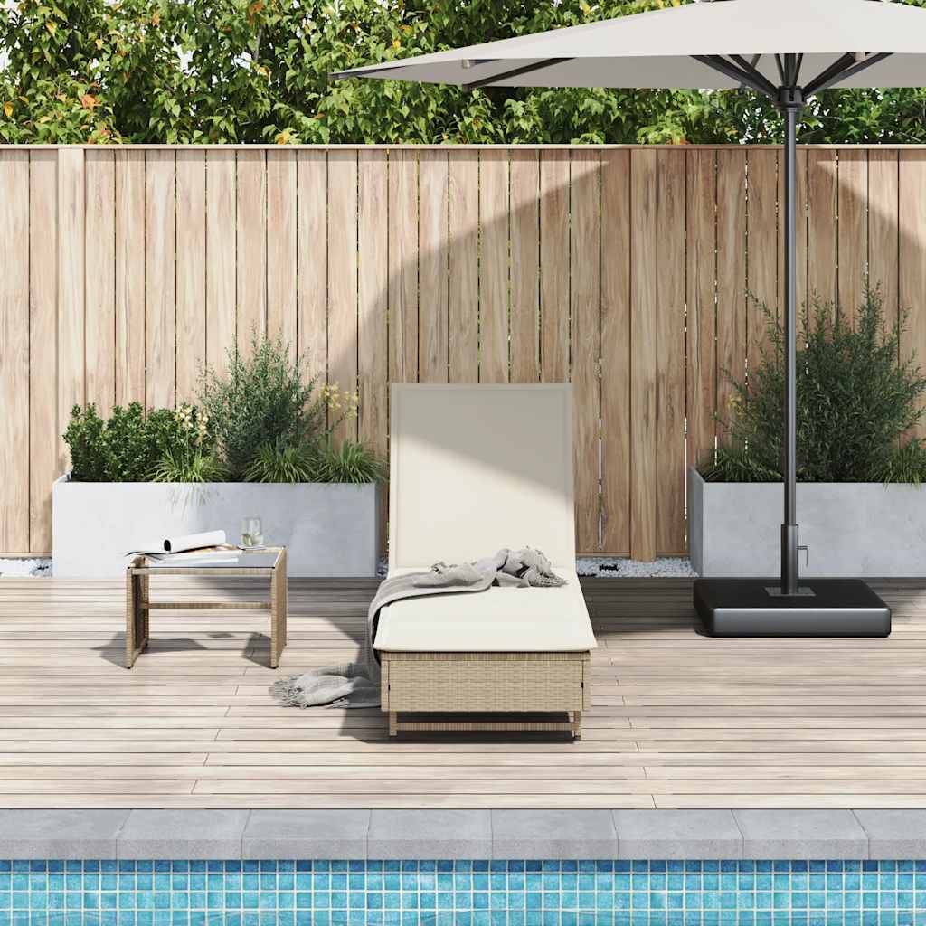 Chaise longue | Transat | Bain de soleil avec roues et coussin beige résine tressée - Image 3