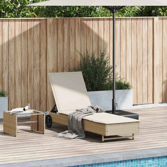 Chaise longue | Transat | Bain de soleil avec roues et coussin beige résine tressée - Image 2