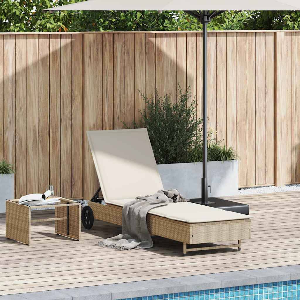 Chaise longue | Transat | Bain de soleil avec roues et coussin beige résine tressée - Image 2