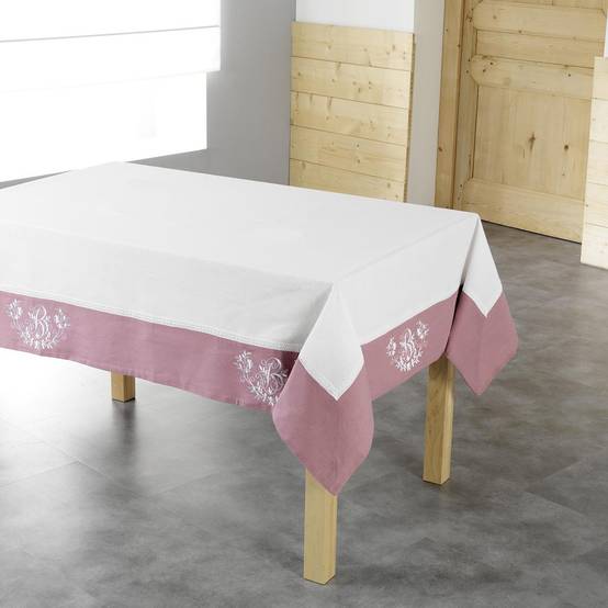 Nappe Brodée "Bonheur" 140x240cm Rose - Image 1