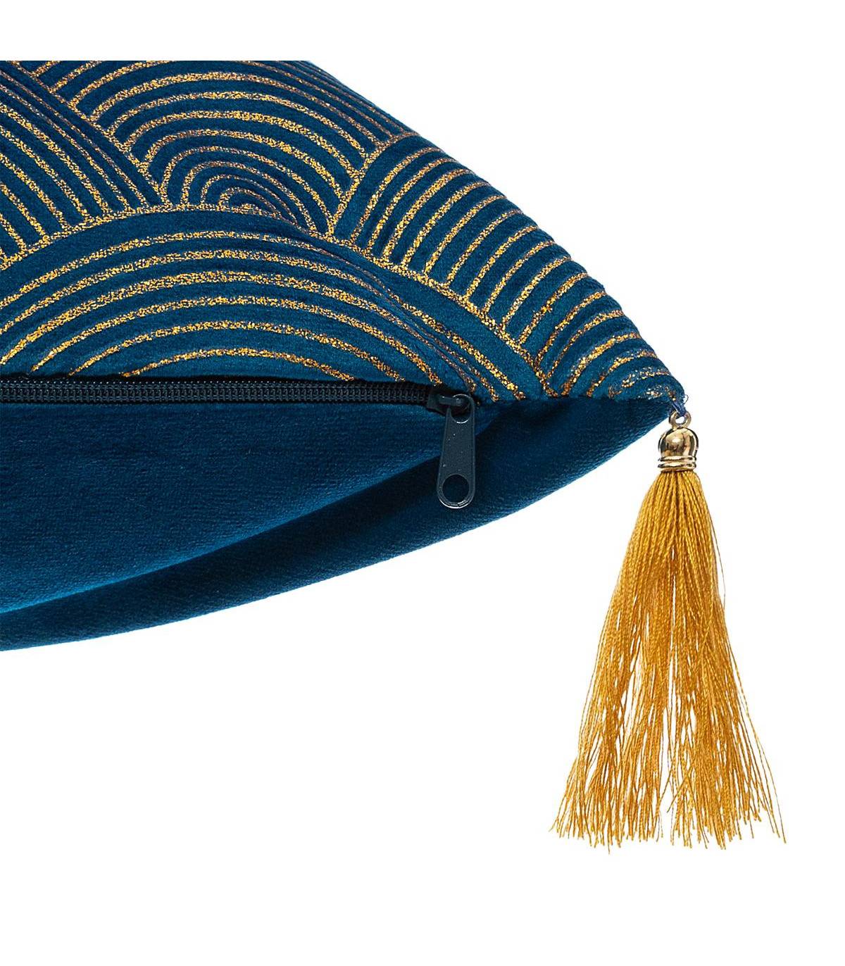 Atmosphera - Coussin déhoussable Velours Bleu Motif Or brillant et Pompons 40 x 40 cm - Image 3