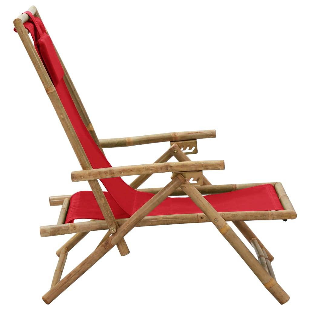 Chaise de jardin | Chaise de relaxation inclinable Rouge Bambou et tissu - Image 3
