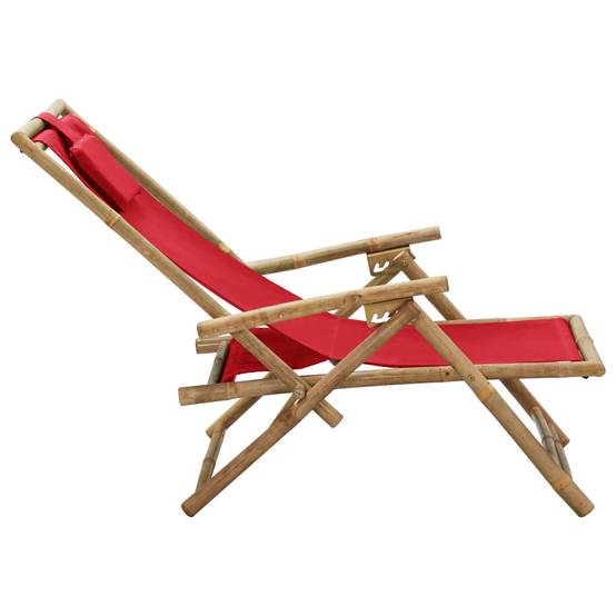 Chaise de jardin | Chaise de relaxation inclinable Rouge Bambou et tissu - Image 4