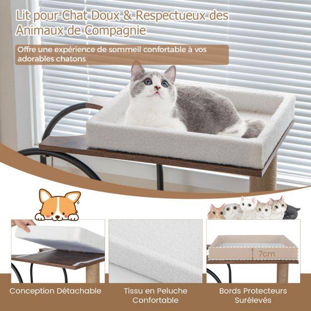 Helloshop26 - Arbre à chat de 118 cm de haut avec cadre en métal lit pour chat poteaux à gratter en jute planche en sisal boule suspendue meuble d'escalade noir - Image 3