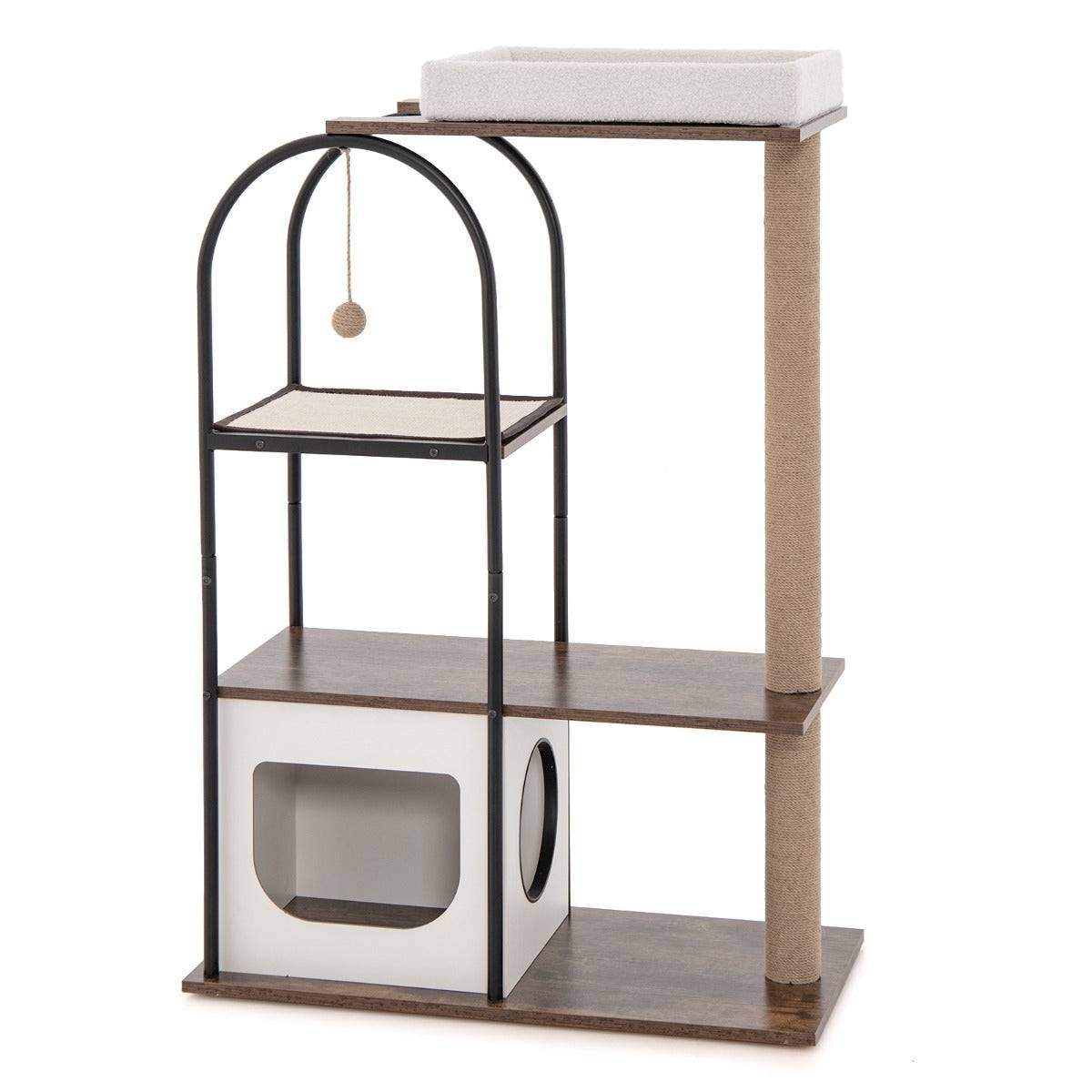 Helloshop26 - Arbre à chat de 118 cm de haut avec cadre en métal lit pour chat poteaux à gratter en jute planche en sisal boule suspendue meuble d'escalade noir - Image 1
