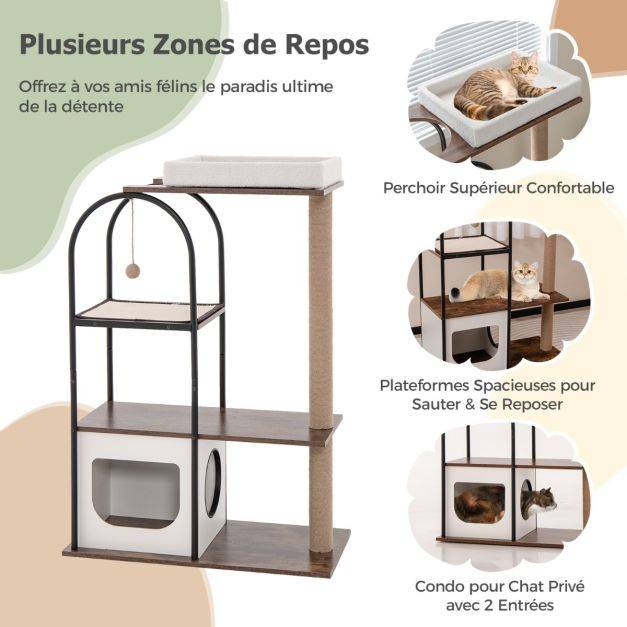 Helloshop26 - Arbre à chat de 118 cm de haut avec cadre en métal lit pour chat poteaux à gratter en jute planche en sisal boule suspendue meuble d'escalade noir - Image 4