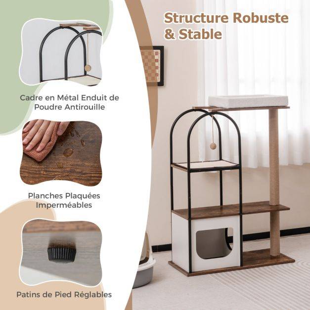 Helloshop26 - Arbre à chat de 118 cm de haut avec cadre en métal lit pour chat poteaux à gratter en jute planche en sisal boule suspendue meuble d'escalade noir - Image 2