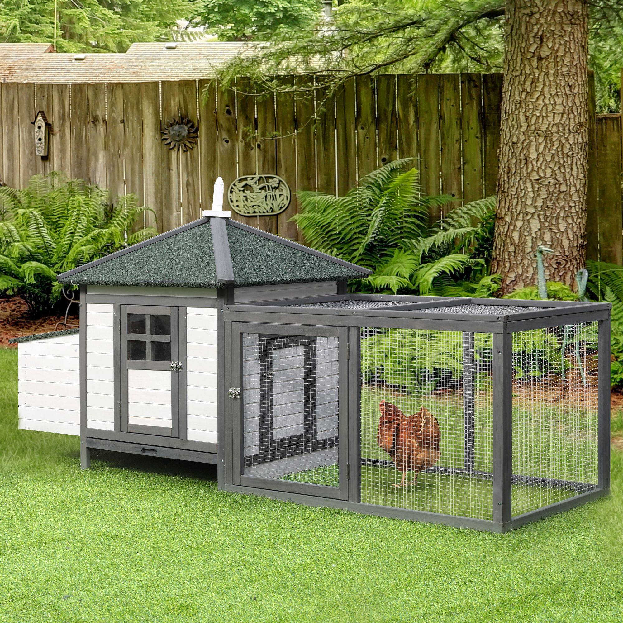 Sans Marque - Poulailler cottage multi-équipement perchoir rampe pondoir enclos tiroir déjection 196x76x97 cm pin gris/blanc - Image 4