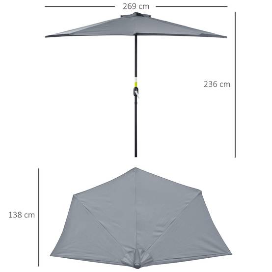 Demi-Parasol 2,7 x 1,4 m parasol de balcon avec ouverture fermeture manivelle 5 entretoises, gris fr58 - Image 5