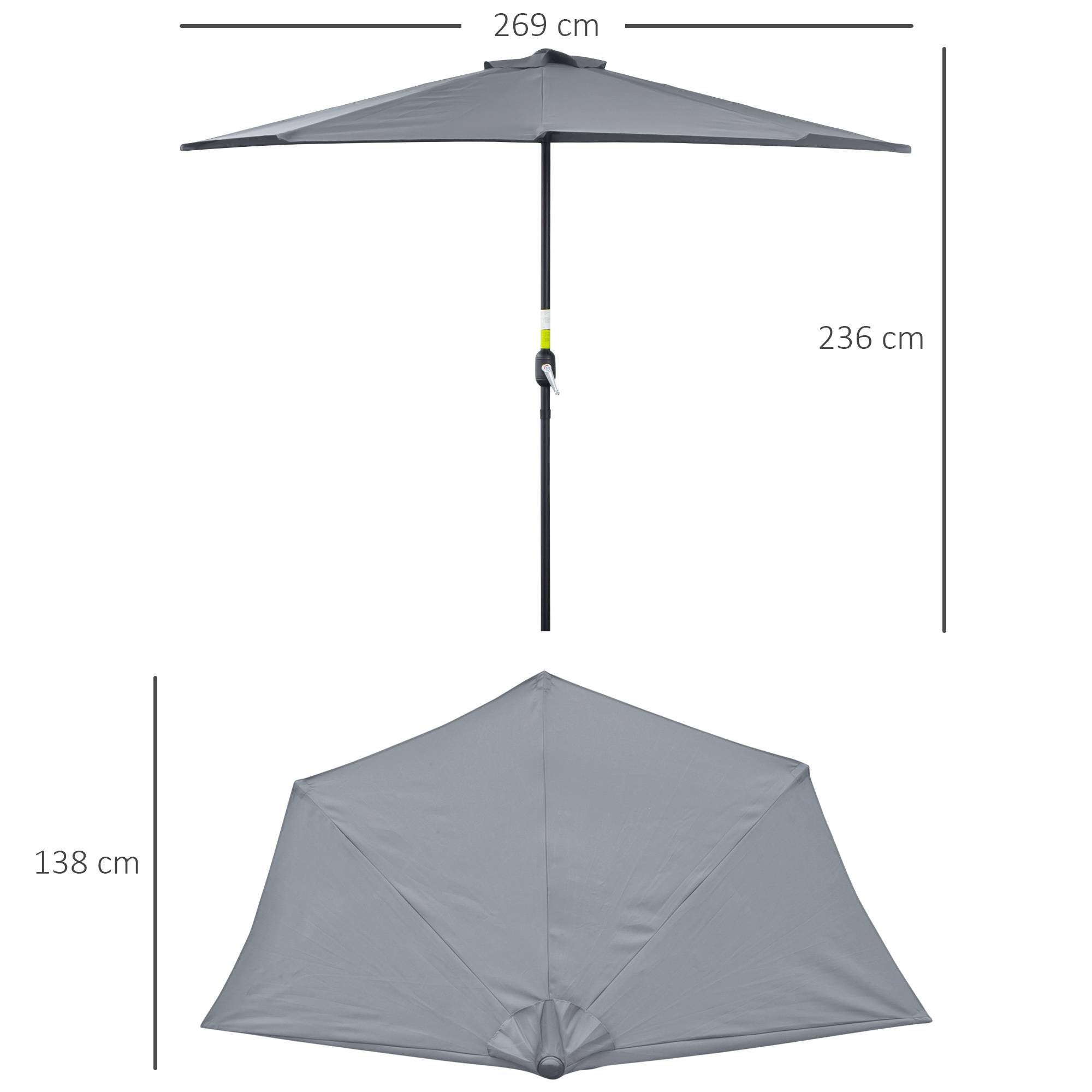 Demi-Parasol 2,7 x 1,4 m parasol de balcon avec ouverture fermeture manivelle 5 entretoises, gris fr58 - Image 5