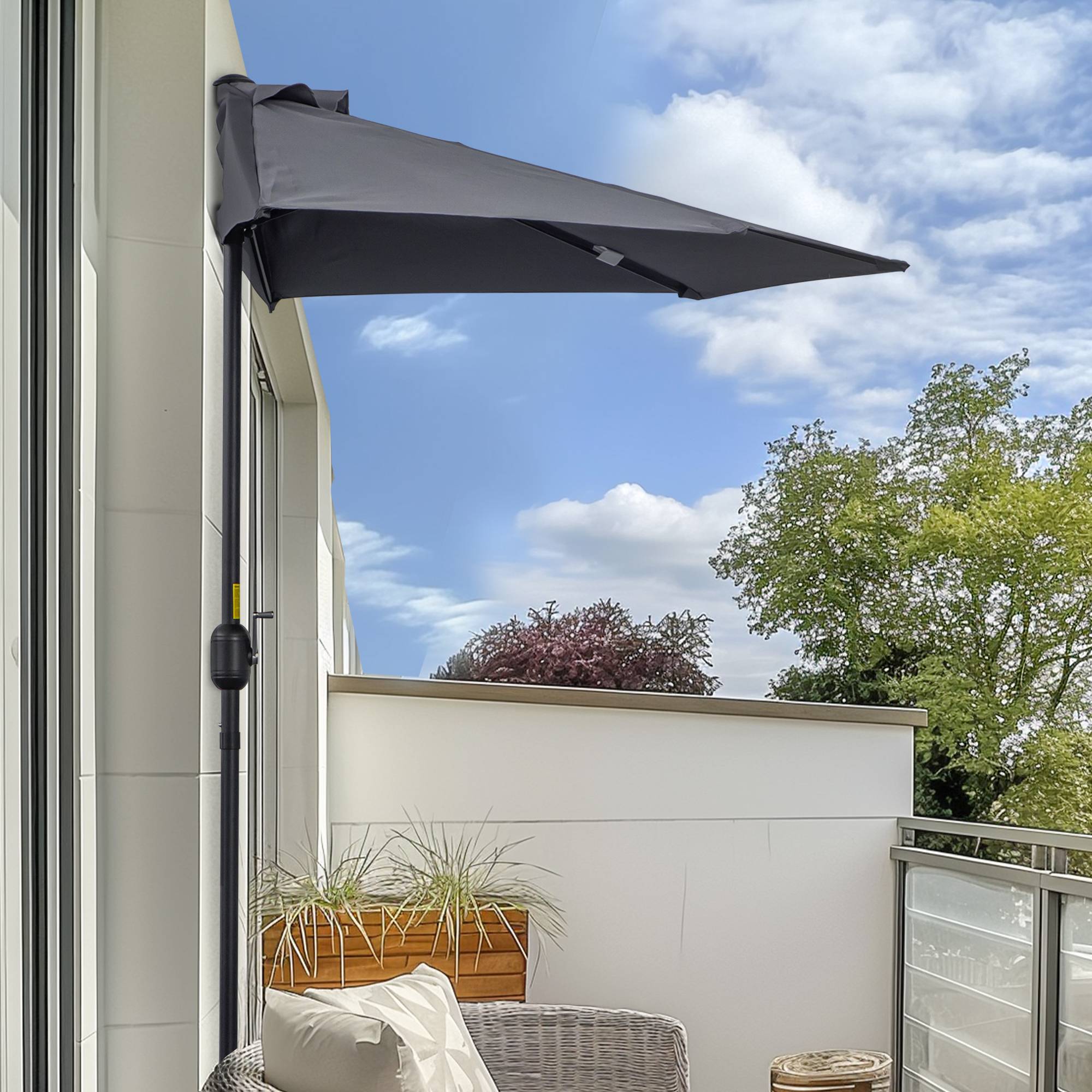 Demi-Parasol 2,7 x 1,4 m parasol de balcon avec ouverture fermeture manivelle 5 entretoises, gris fr58 - Image 3