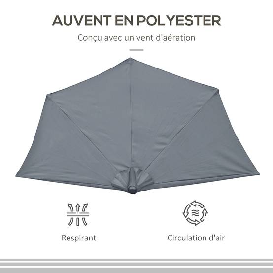 Demi-Parasol 2,7 x 1,4 m parasol de balcon avec ouverture fermeture manivelle 5 entretoises, gris fr58 - Image 6