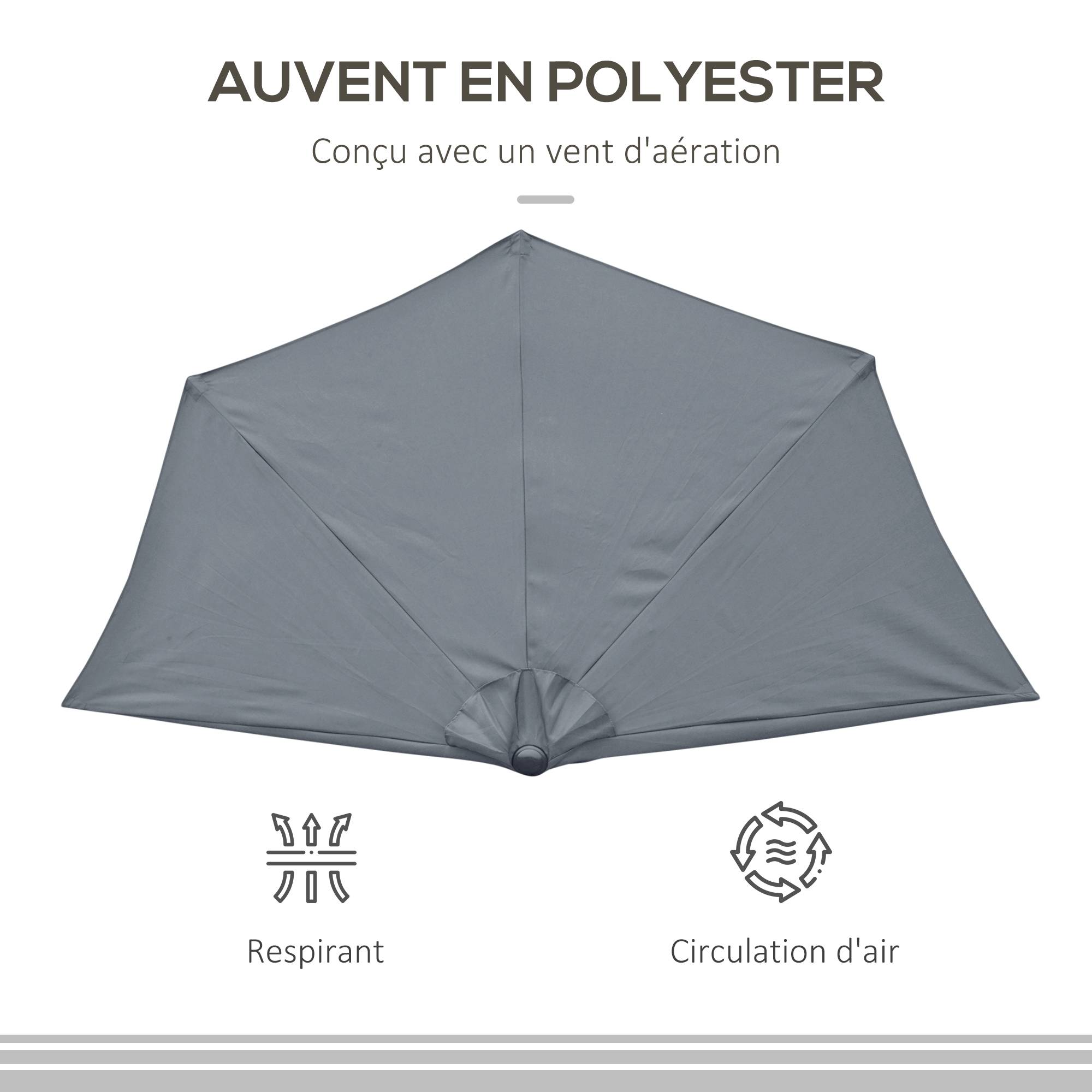 Demi-Parasol 2,7 x 1,4 m parasol de balcon avec ouverture fermeture manivelle 5 entretoises, gris fr58 - Image 6
