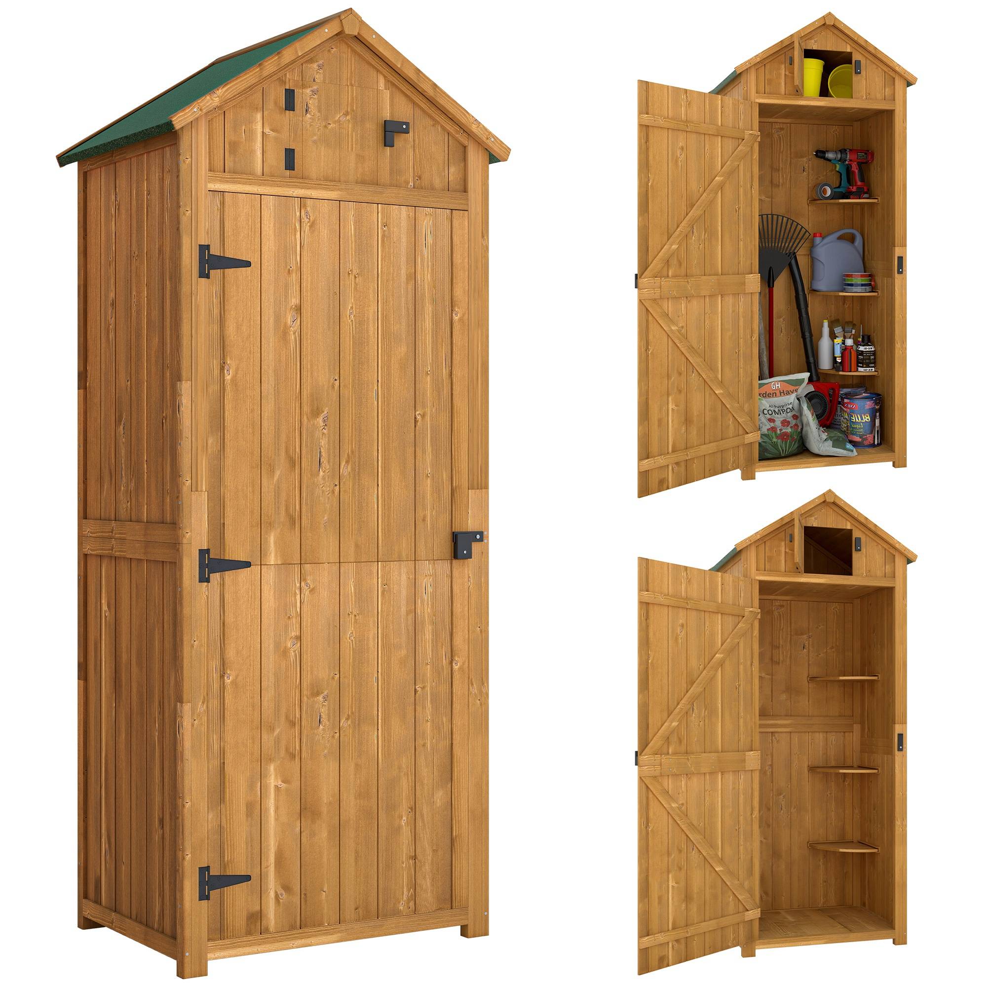ComfortXL - Armoire de jardin en bois 77 x 54,2 x 179 cm jaune et vert rangement outils avec toit à deux pentes et aération - Image 10