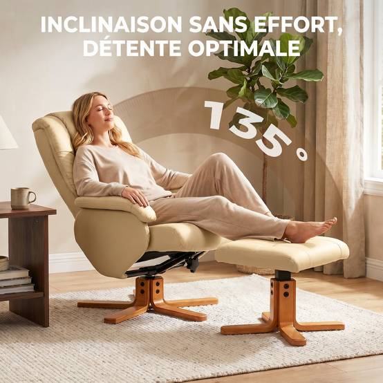Sans Marque - Fauteuil relax avec repose-pied fauteuil de relaxation pivotant 360° dossier inclinable charge 120 Kg beige - Image 6