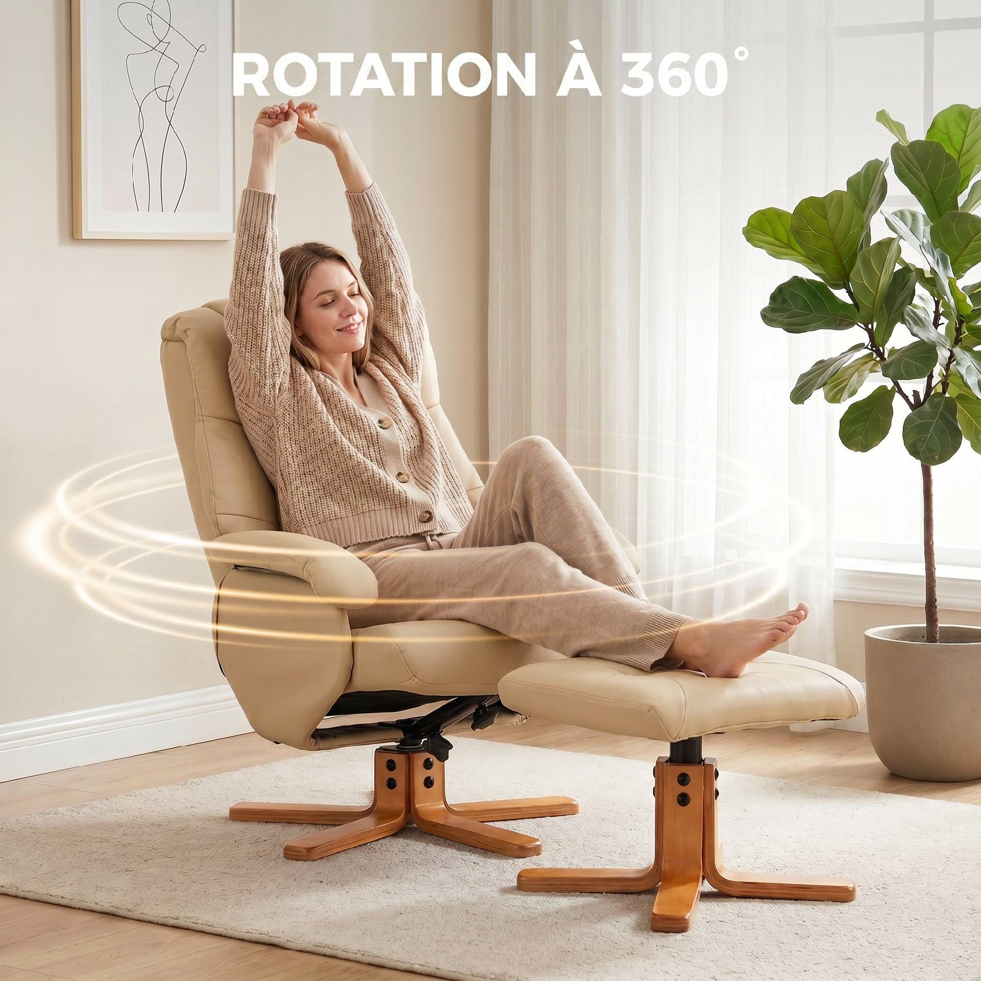 Sans Marque - Fauteuil relax avec repose-pied fauteuil de relaxation pivotant 360° dossier inclinable charge 120 Kg beige - Image 8