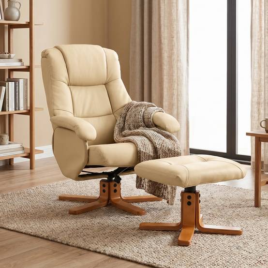 Sans Marque - Fauteuil relax avec repose-pied fauteuil de relaxation pivotant 360° dossier inclinable charge 120 Kg beige - Image 10