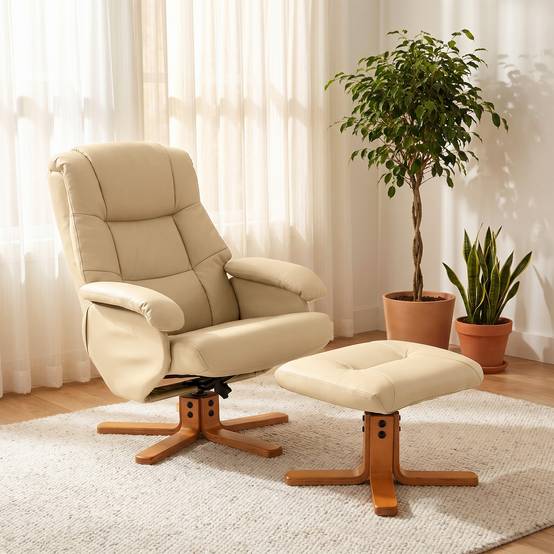 Sans Marque - Fauteuil relax avec repose-pied fauteuil de relaxation pivotant 360° dossier inclinable charge 120 Kg beige - Image 3