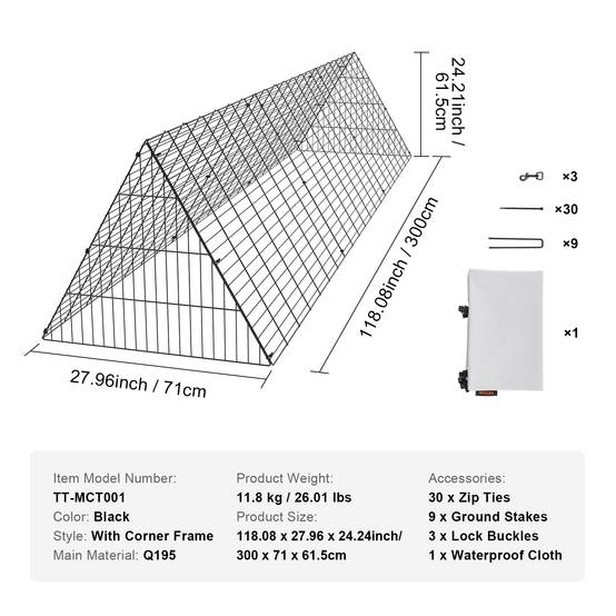 VEVOR Enclos poulailler, 300x71x61,5 cm, tunnels, portable. Poulets, canards. - Image 7