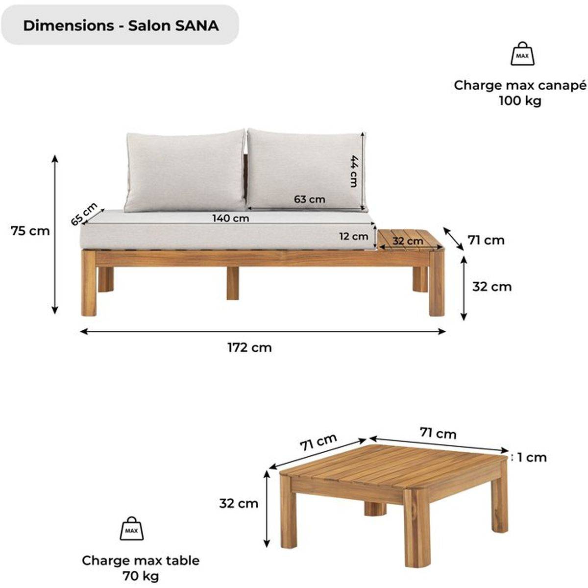 Salon de jardin - SANA - Bois acacia FSC - 1 table basse et 2 canapés - Gris clair - 4 personnes - Image 9