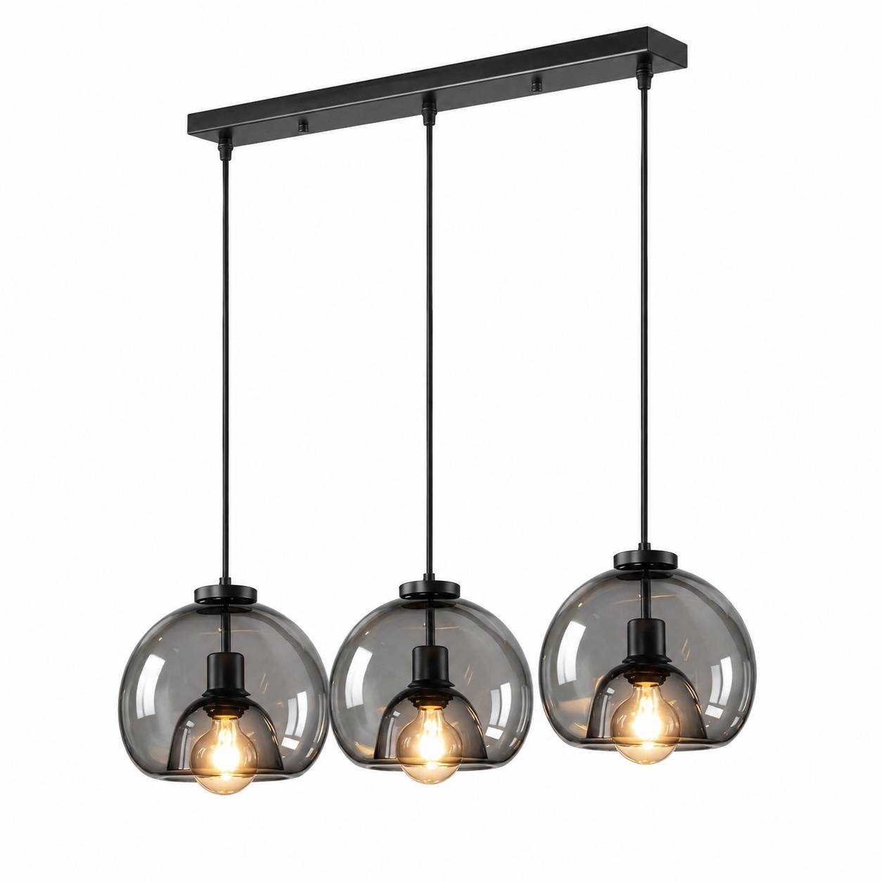 Suspension Lustre En Verre Fumé 3 Lampes E27 Noir Hauteur Réglable - Image 1