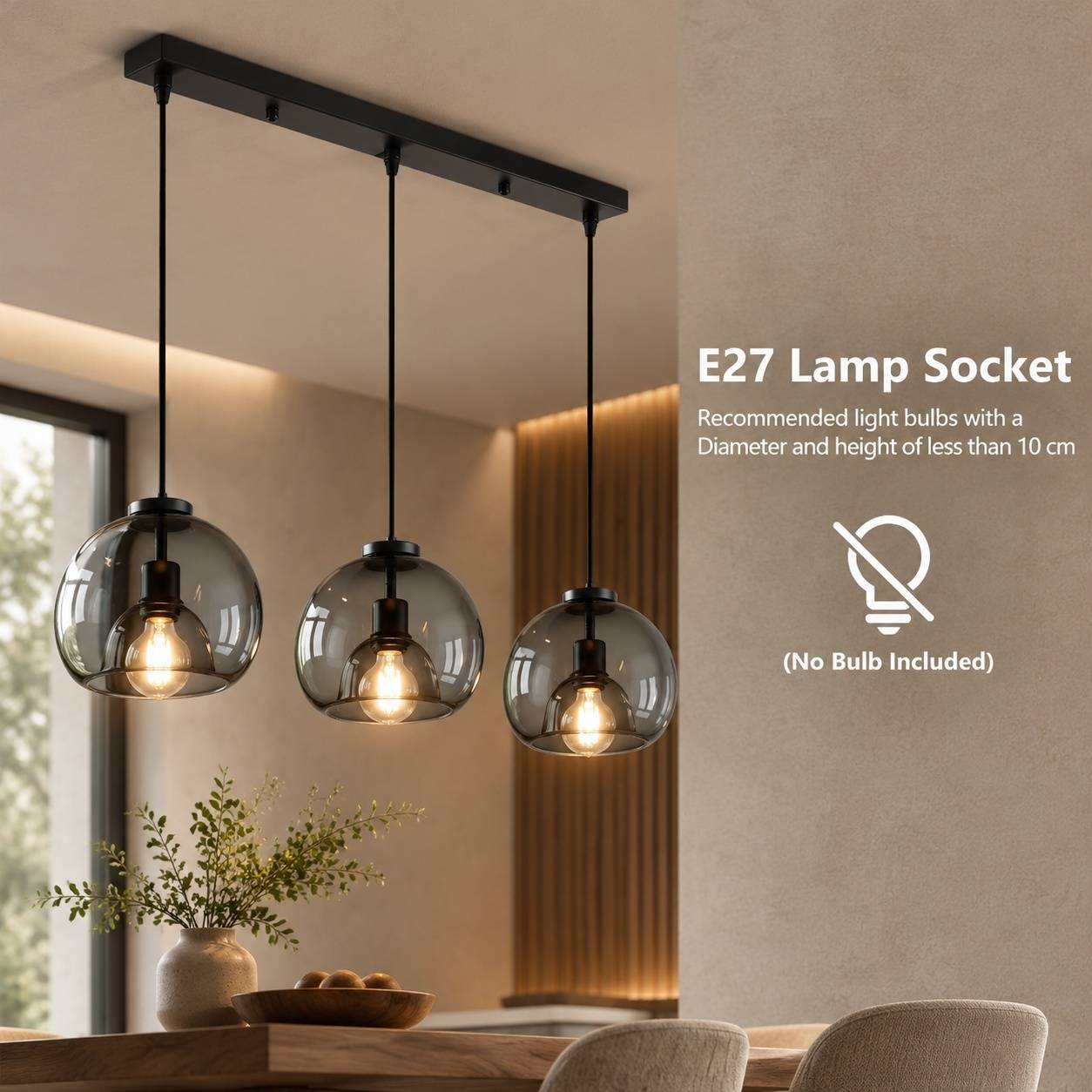 Suspension Lustre En Verre Fumé 3 Lampes E27 Noir Hauteur Réglable - Image 5