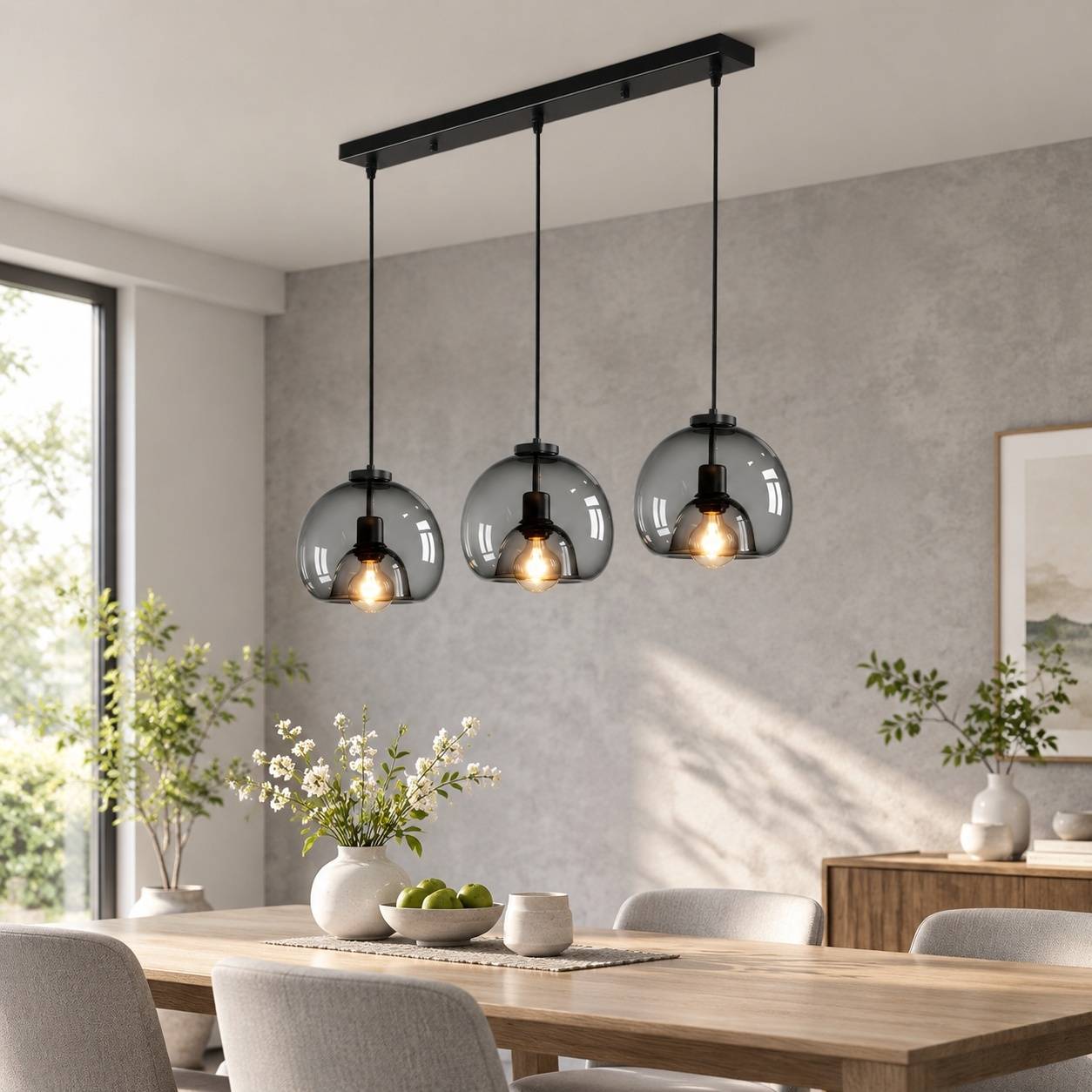 Suspension Lustre En Verre Fumé 3 Lampes E27 Noir Hauteur Réglable - Image 7