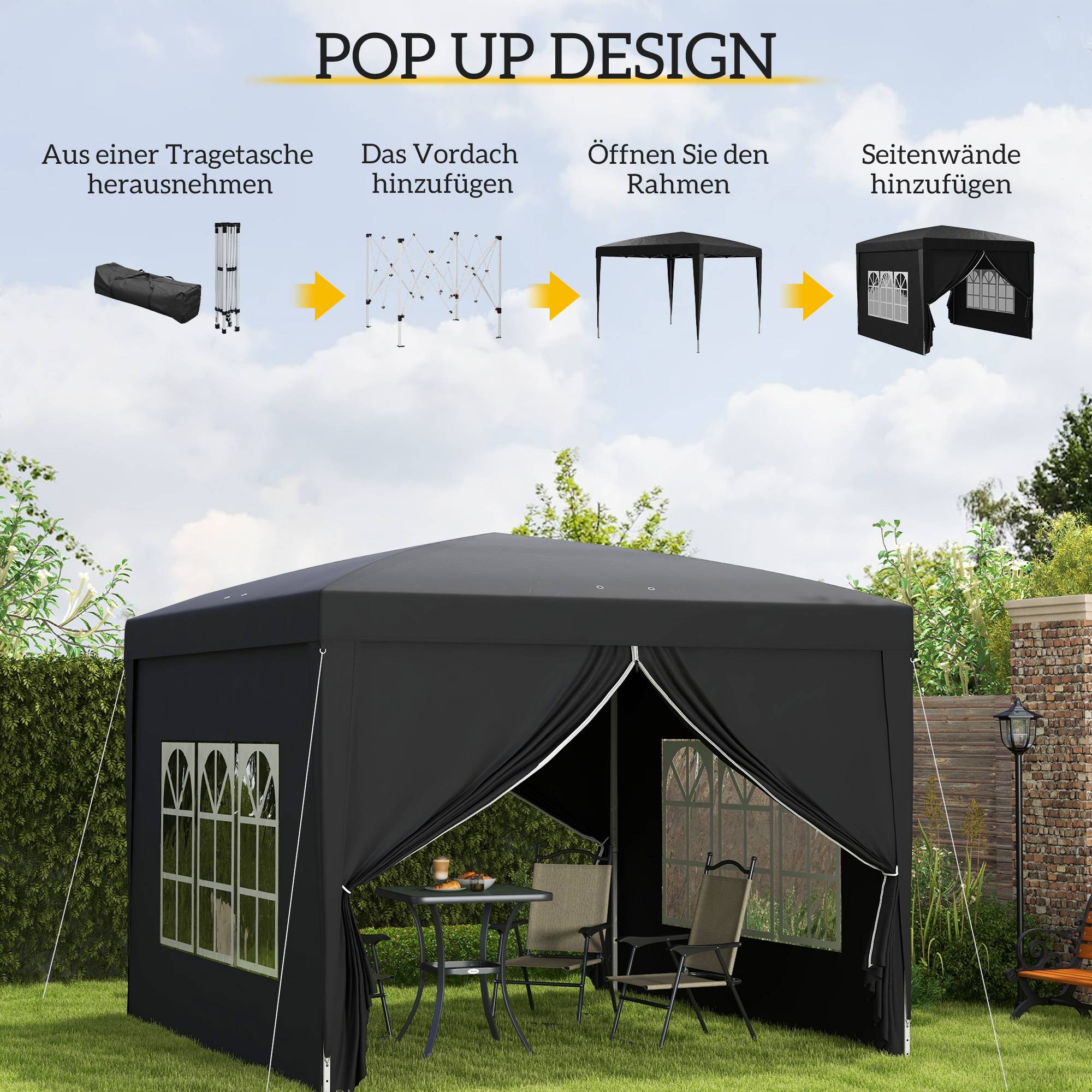 Pavillon pop-up pliable, polyester, noir, 295 x 295 x 258 cm - PANGIVO - Image 4