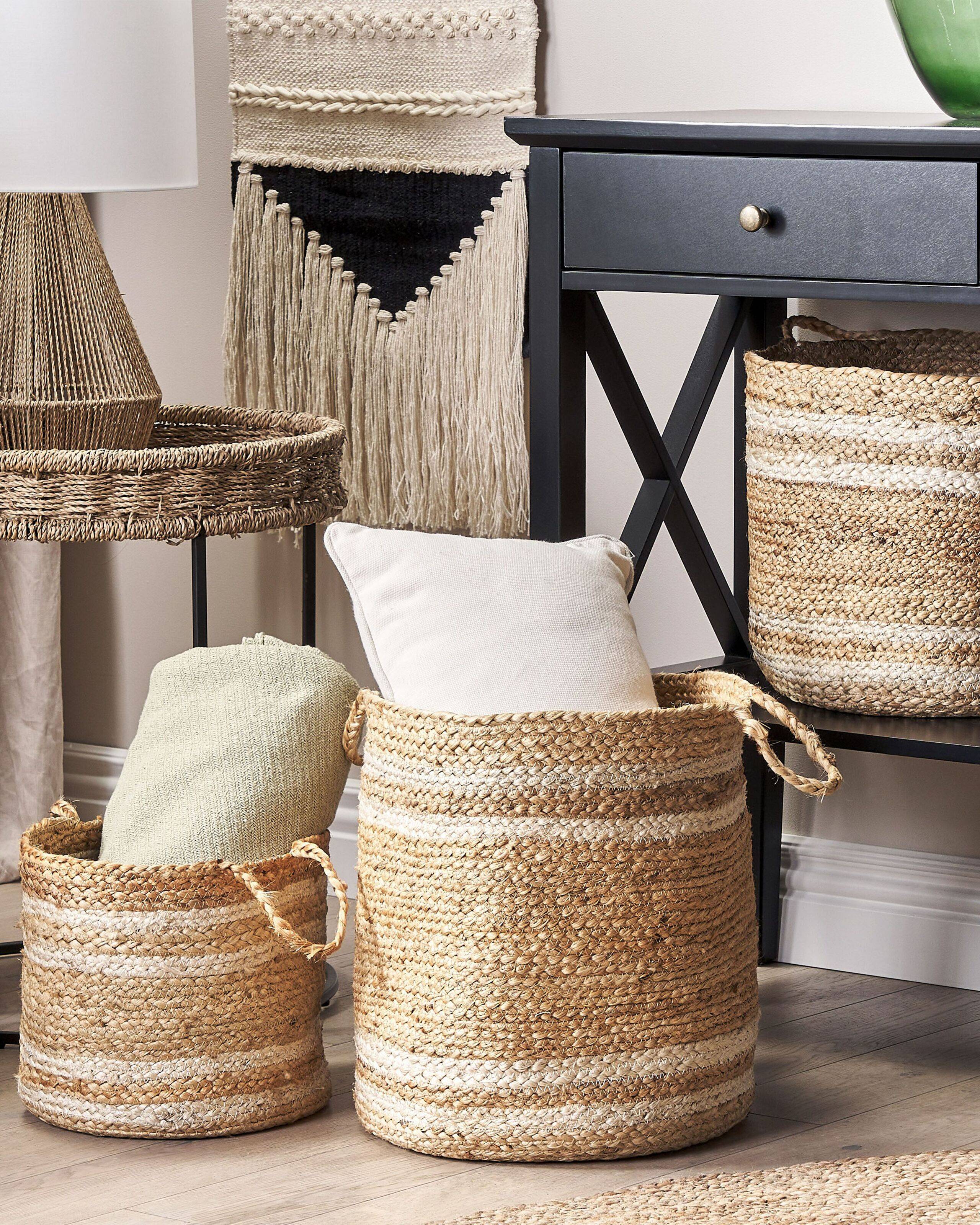 Paniers Beige et Naturel en Jute Rond Corbeille à Linge Tressée Rangement pour Intérieur Minimaliste Boîte Lot de 3 - Image 2
