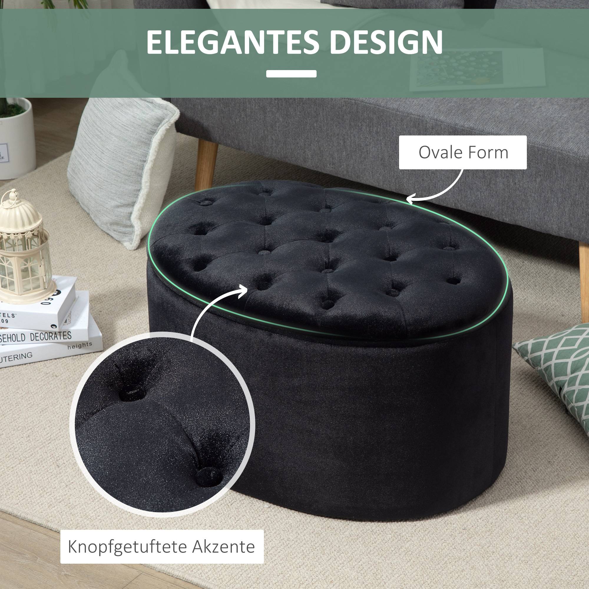 Banc de rangement, banquette capitonnée aspect velours, coffre de rangement ovale, banc coffre pour salon, chambre, entrée, 71 x 52 x 42 cm, noir - Image 8