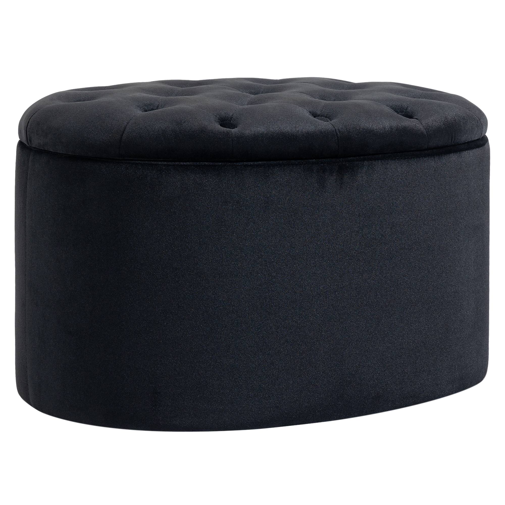 Banc de rangement, banquette capitonnée aspect velours, coffre de rangement ovale, banc coffre pour salon, chambre, entrée, 71 x 52 x 42 cm, noir - Image 2