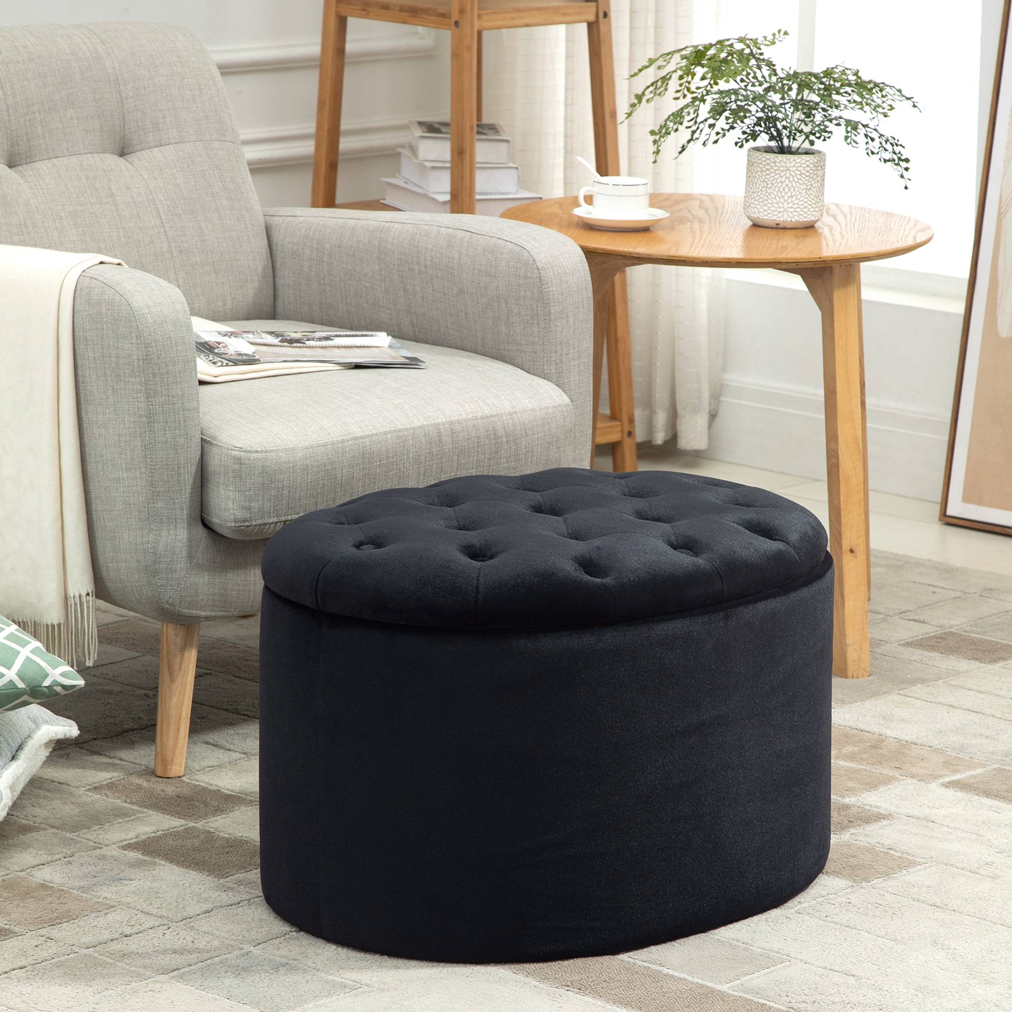 Banc de rangement, banquette capitonnée aspect velours, coffre de rangement ovale, banc coffre pour salon, chambre, entrée, 71 x 52 x 42 cm, noir - Image 3