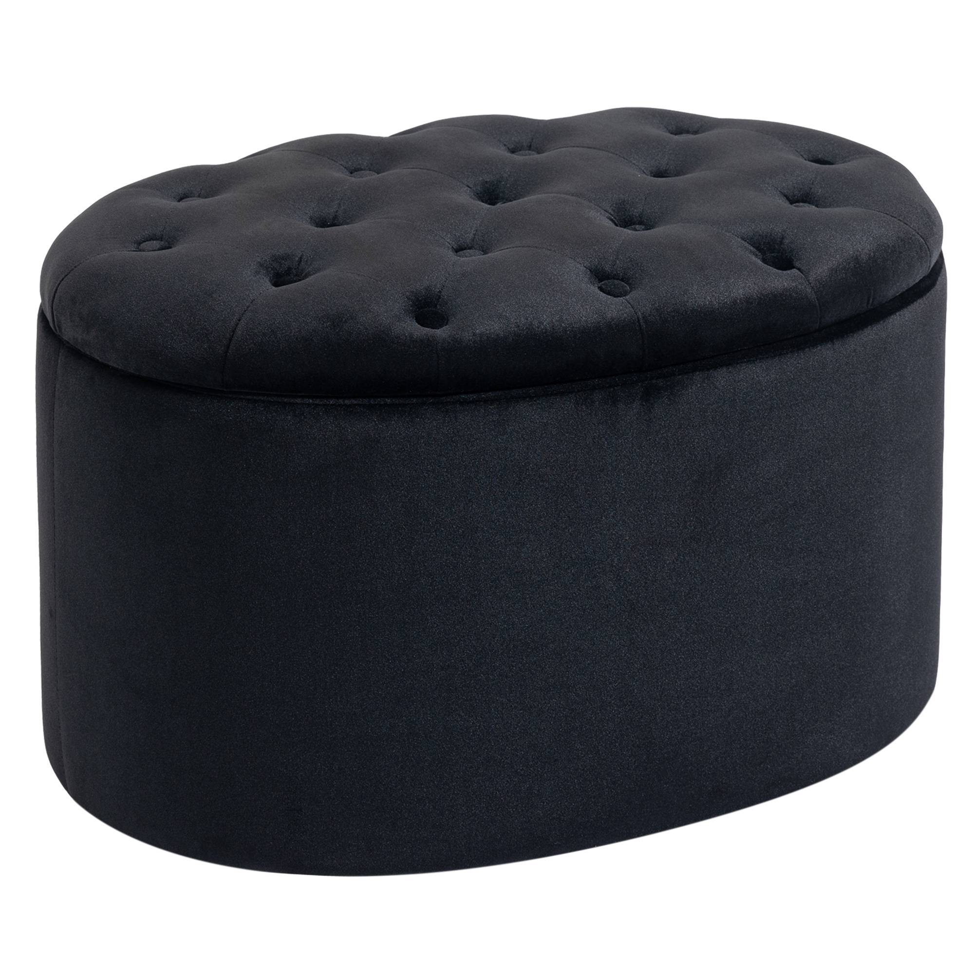 Banc de rangement, banquette capitonnée aspect velours, coffre de rangement ovale, banc coffre pour salon, chambre, entrée, 71 x 52 x 42 cm, noir - Image 1