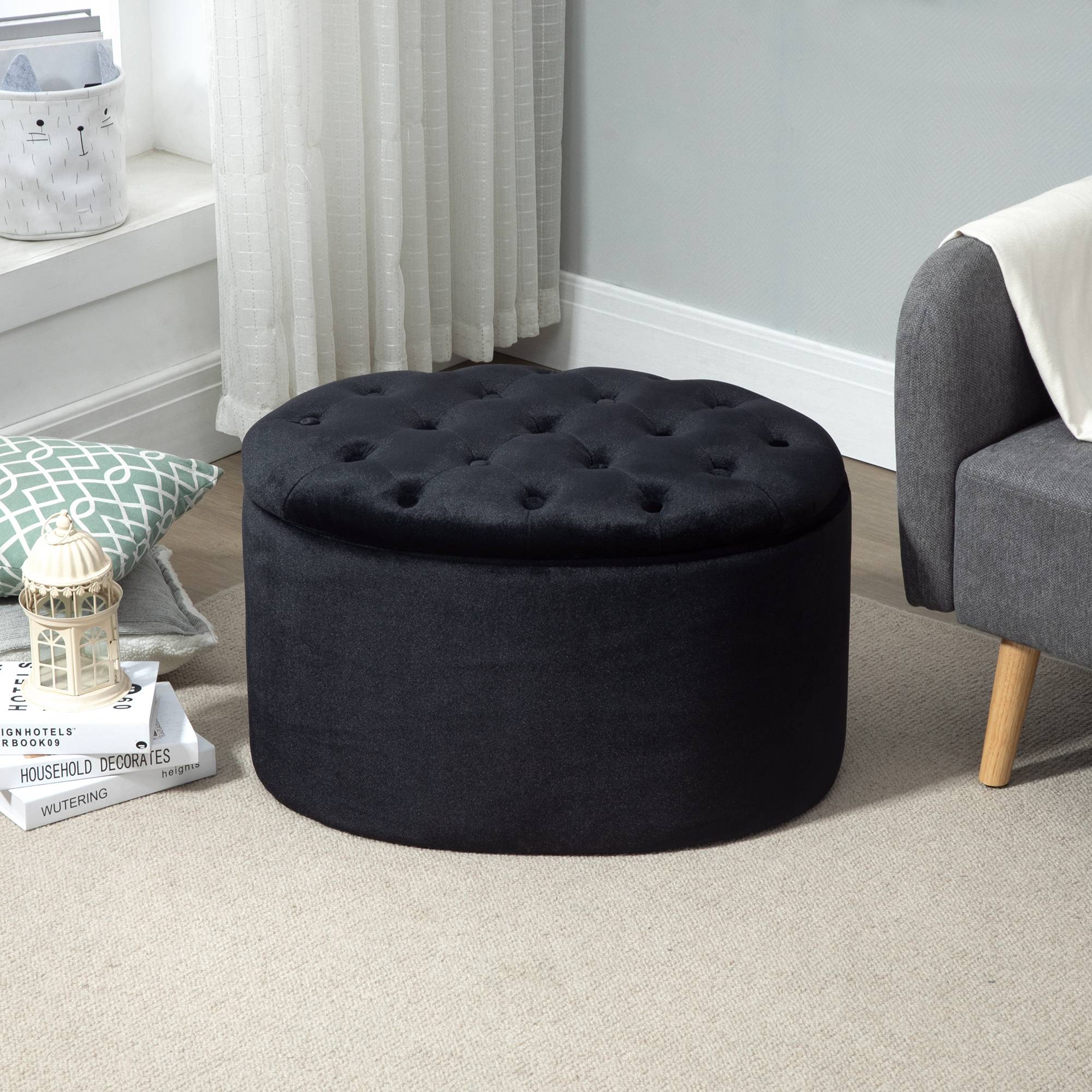 Banc de rangement, banquette capitonnée aspect velours, coffre de rangement ovale, banc coffre pour salon, chambre, entrée, 71 x 52 x 42 cm, noir - Image 4