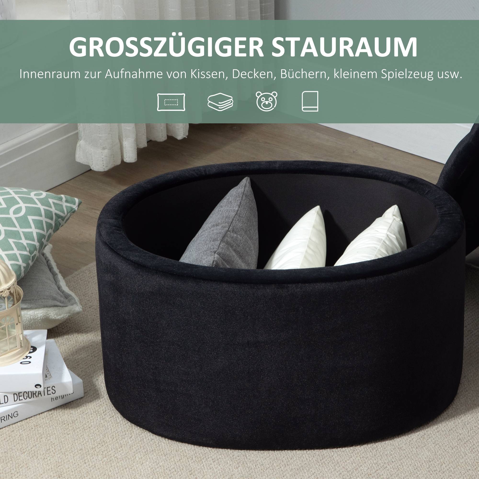 Banc de rangement, banquette capitonnée aspect velours, coffre de rangement ovale, banc coffre pour salon, chambre, entrée, 71 x 52 x 42 cm, noir - Image 6