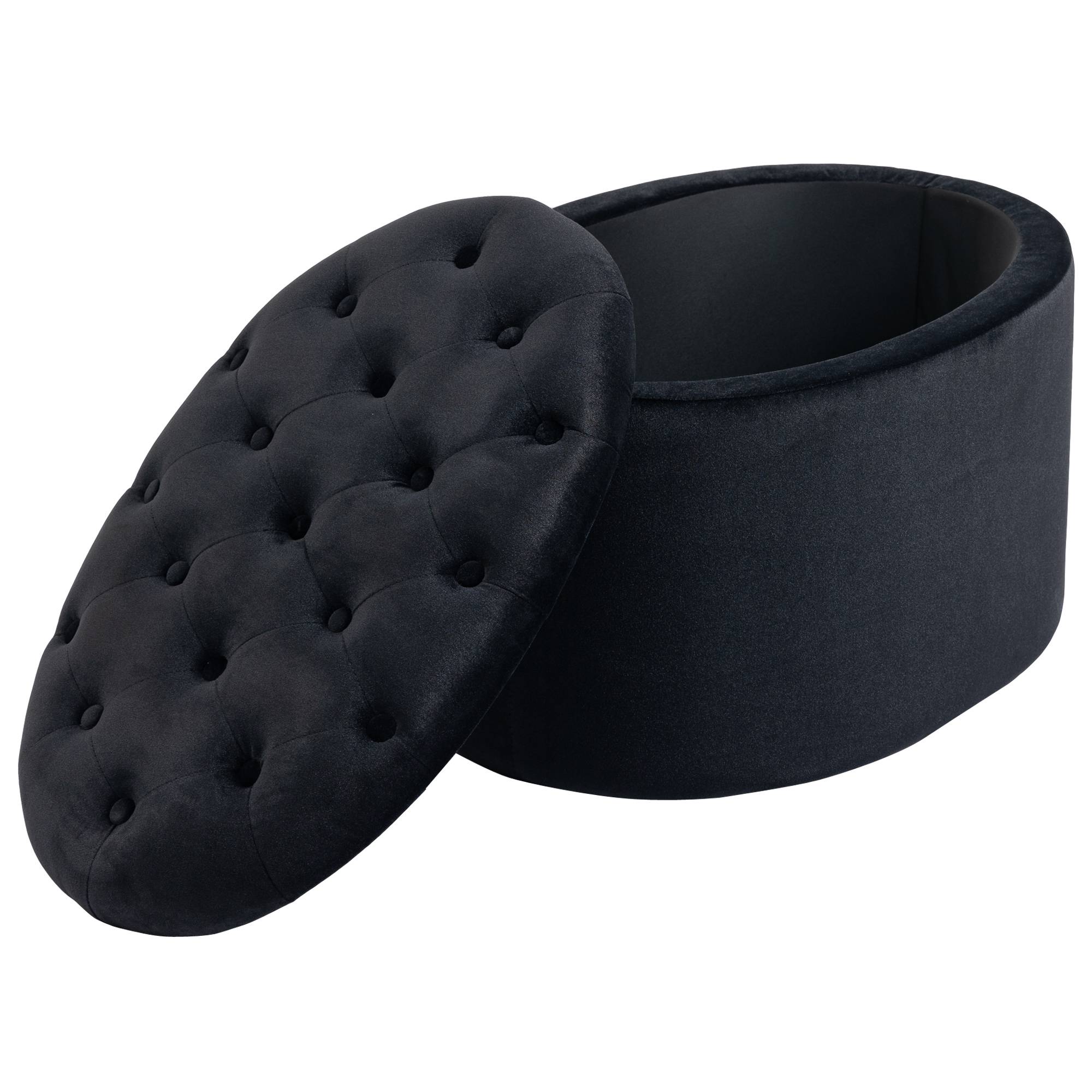 Banc de rangement, banquette capitonnée aspect velours, coffre de rangement ovale, banc coffre pour salon, chambre, entrée, 71 x 52 x 42 cm, noir - Image 9