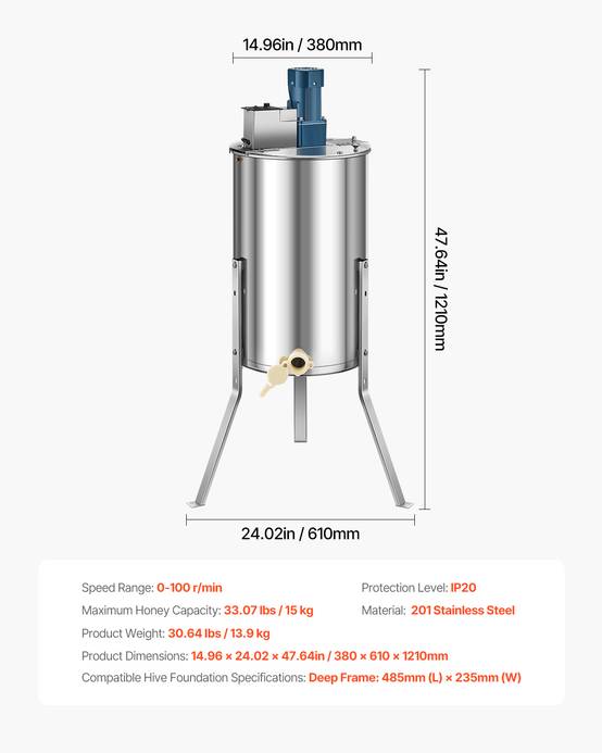 Extracteur de miel électrique 3 cadres inox, couvercle transparent 140W, hauteur réglable. - Image 7