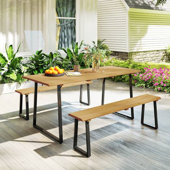 Ensemble salle à manger extérieur 3 pièces pour 6 personnes, table + 2 bancs, trou pour parasol, 178x76x77 cm, bois naturel - Image 4