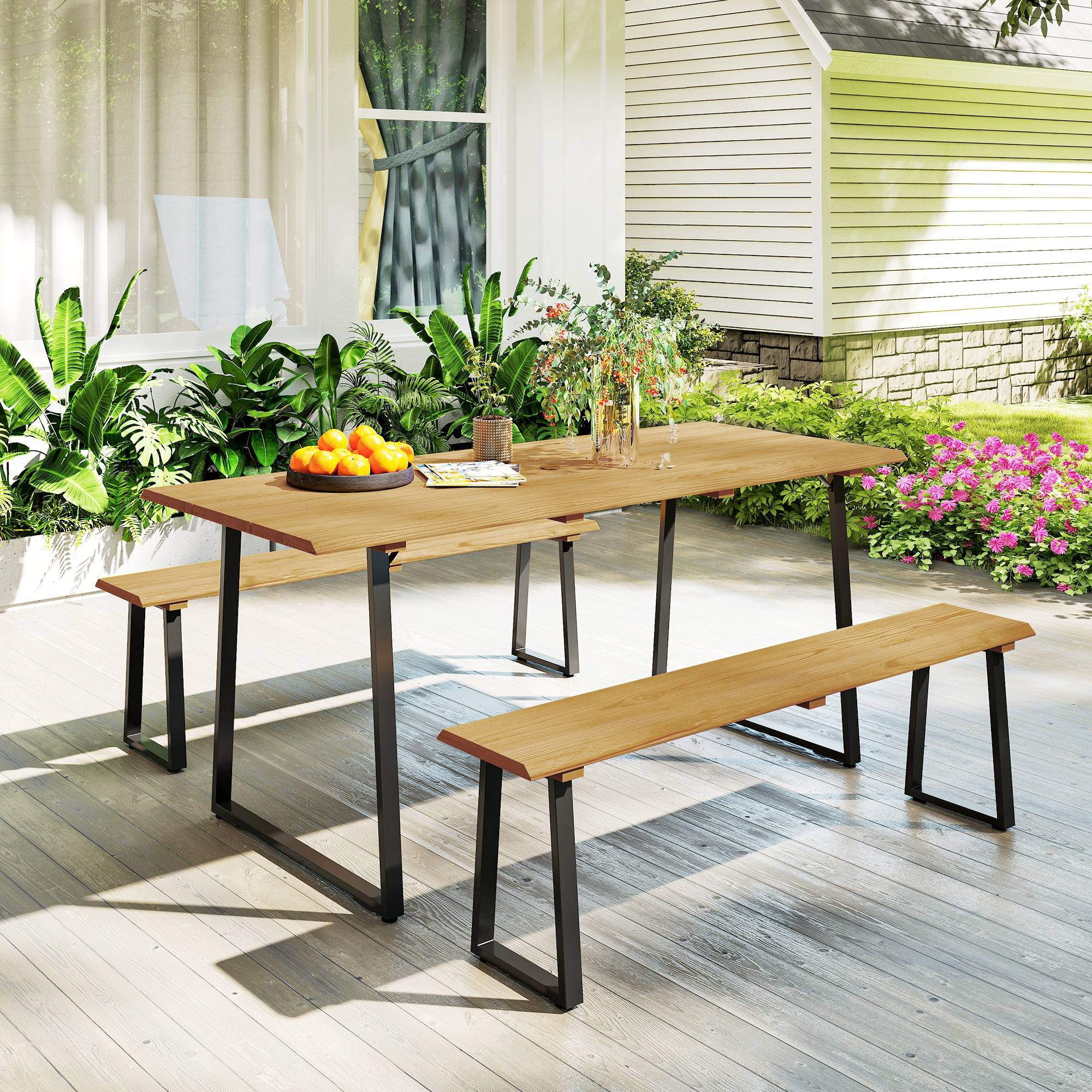 Ensemble salle à manger extérieur 3 pièces pour 6 personnes, table + 2 bancs, trou pour parasol, 178x76x77 cm, bois naturel - Image 4