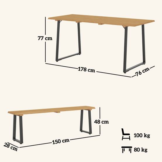 Ensemble salle à manger extérieur 3 pièces pour 6 personnes, table + 2 bancs, trou pour parasol, 178x76x77 cm, bois naturel - Image 5