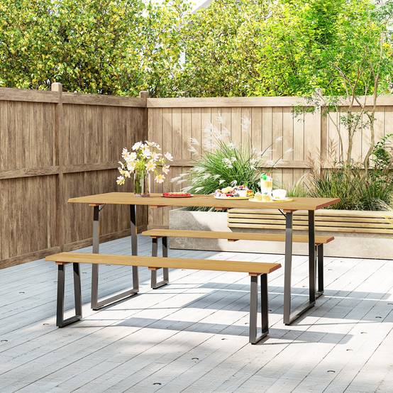 Ensemble salle à manger extérieur 3 pièces pour 6 personnes, table + 2 bancs, trou pour parasol, 178x76x77 cm, bois naturel - Image 9