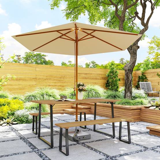 Ensemble salle à manger extérieur 3 pièces pour 6 personnes, table + 2 bancs, trou pour parasol, 178x76x77 cm, bois naturel - Image 10