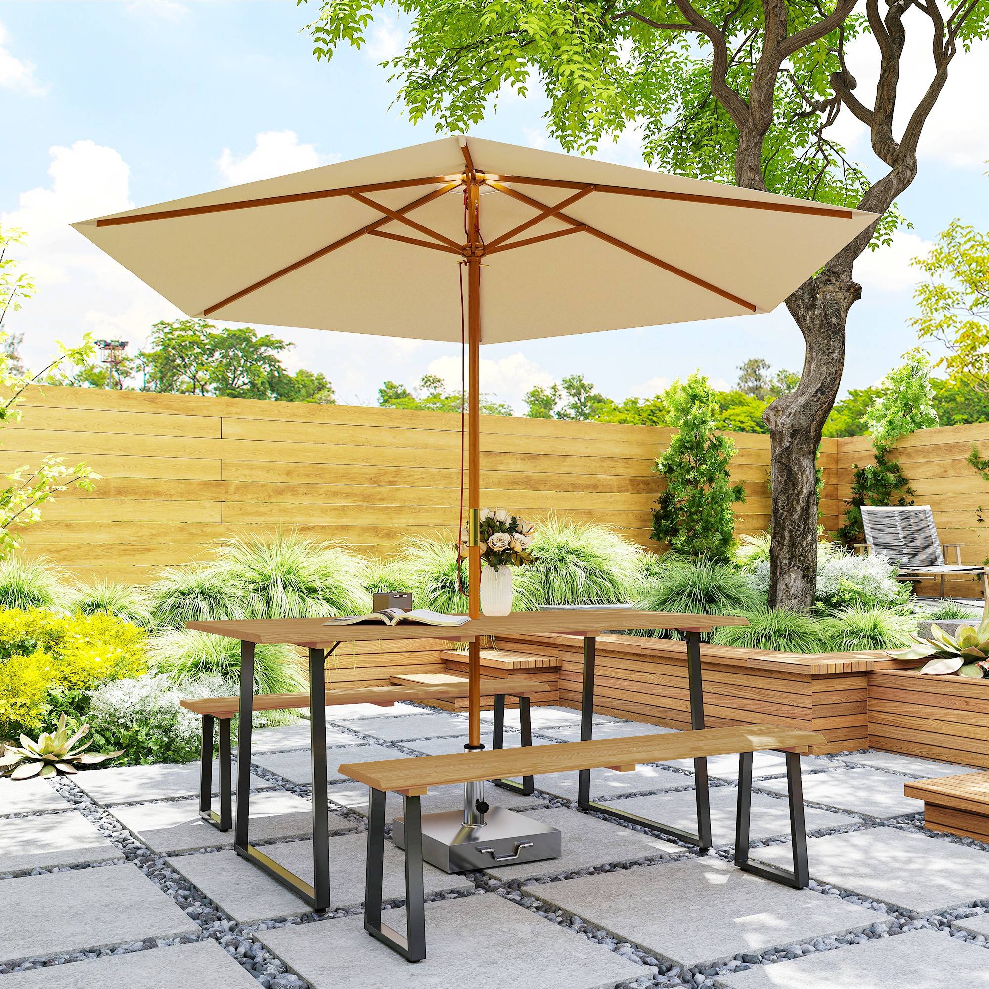 Ensemble salle à manger extérieur 3 pièces pour 6 personnes, table + 2 bancs, trou pour parasol, 178x76x77 cm, bois naturel - Image 10