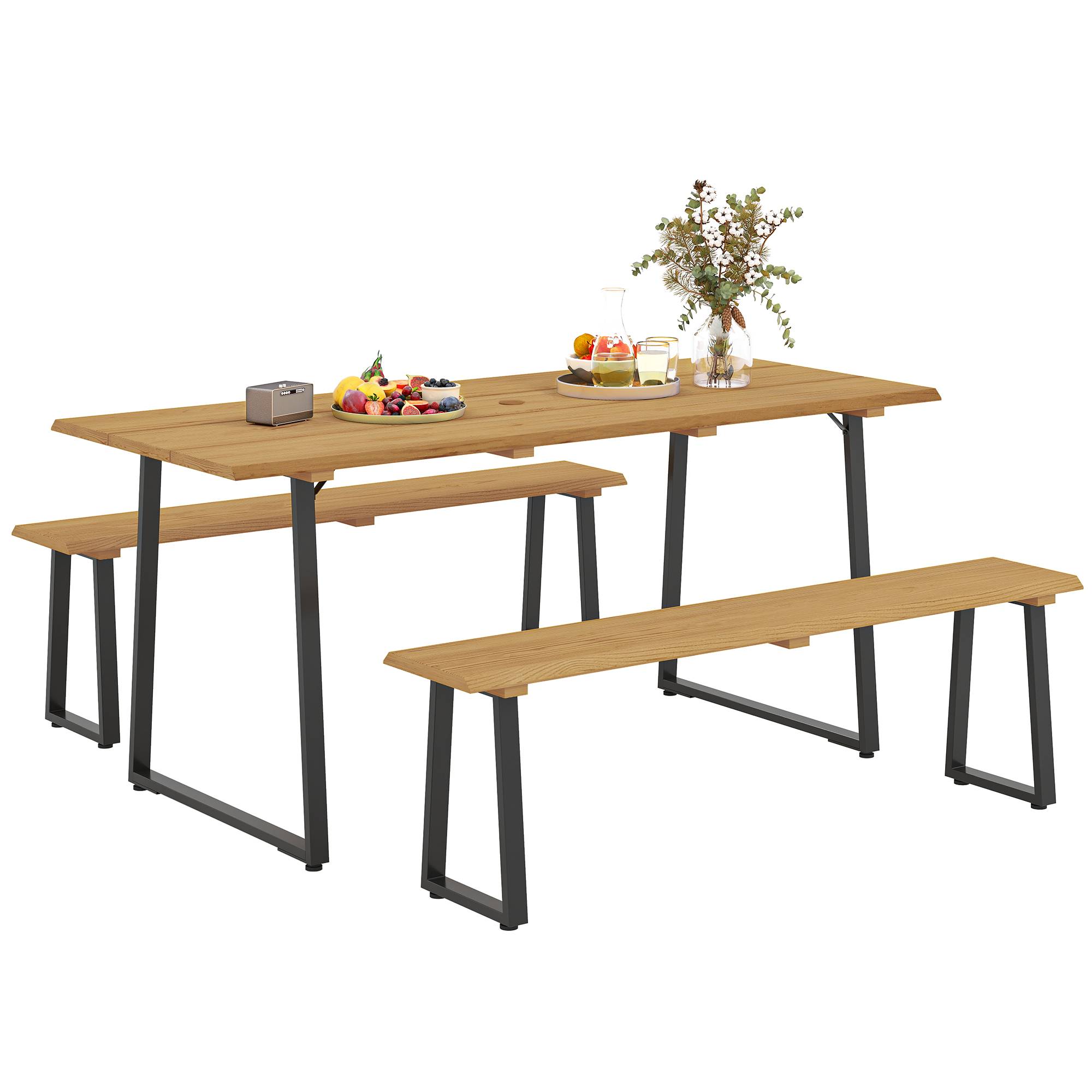 Ensemble salle à manger extérieur 3 pièces pour 6 personnes, table + 2 bancs, trou pour parasol, 178x76x77 cm, bois naturel - Image 1