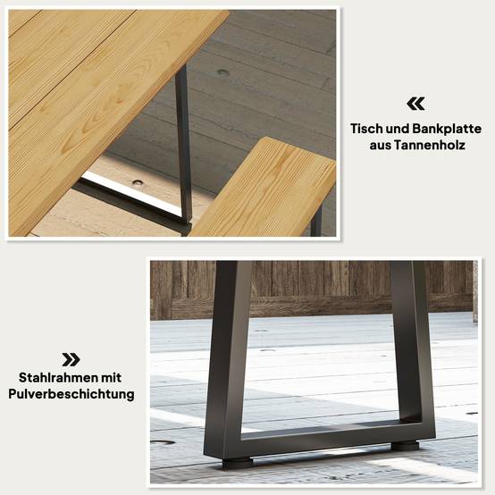 Ensemble salle à manger extérieur 3 pièces pour 6 personnes, table + 2 bancs, trou pour parasol, 178x76x77 cm, bois naturel - Image 7