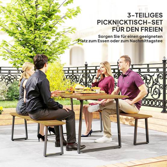 Ensemble salle à manger extérieur 3 pièces pour 6 personnes, table + 2 bancs, trou pour parasol, 178x76x77 cm, bois naturel - Image 6