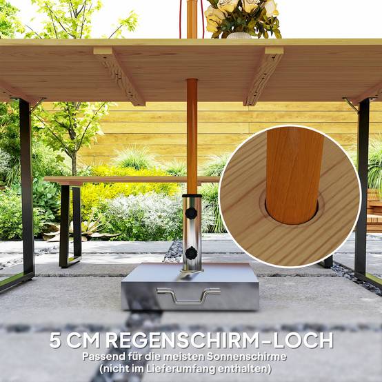 Ensemble salle à manger extérieur 3 pièces pour 6 personnes, table + 2 bancs, trou pour parasol, 178x76x77 cm, bois naturel - Image 8
