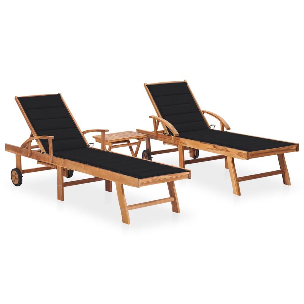 Helloshop26 - Lot de 2 transats chaise longue bain de soleil lit de jardin terrasse meuble d'extérieur avec table et coussin bois de teck solide - Image 1