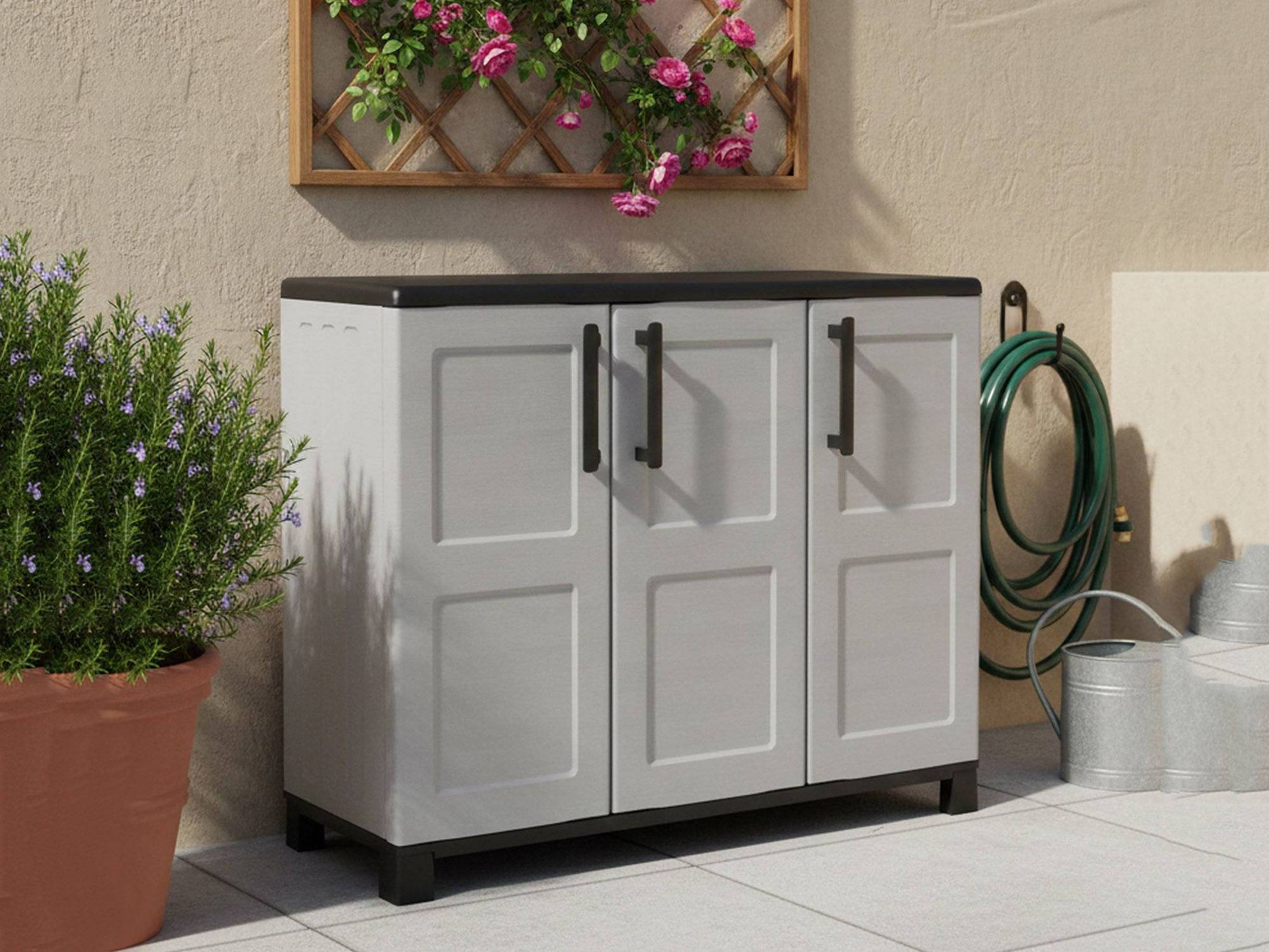 Dmora - Armoire d'extérieur Dbelpann, Armoire de balcon polyvalente, Armoire d'extérieur 3 portes, 102x37h90 cm, Gris clair et noir, Finition à carreaux - Image 5