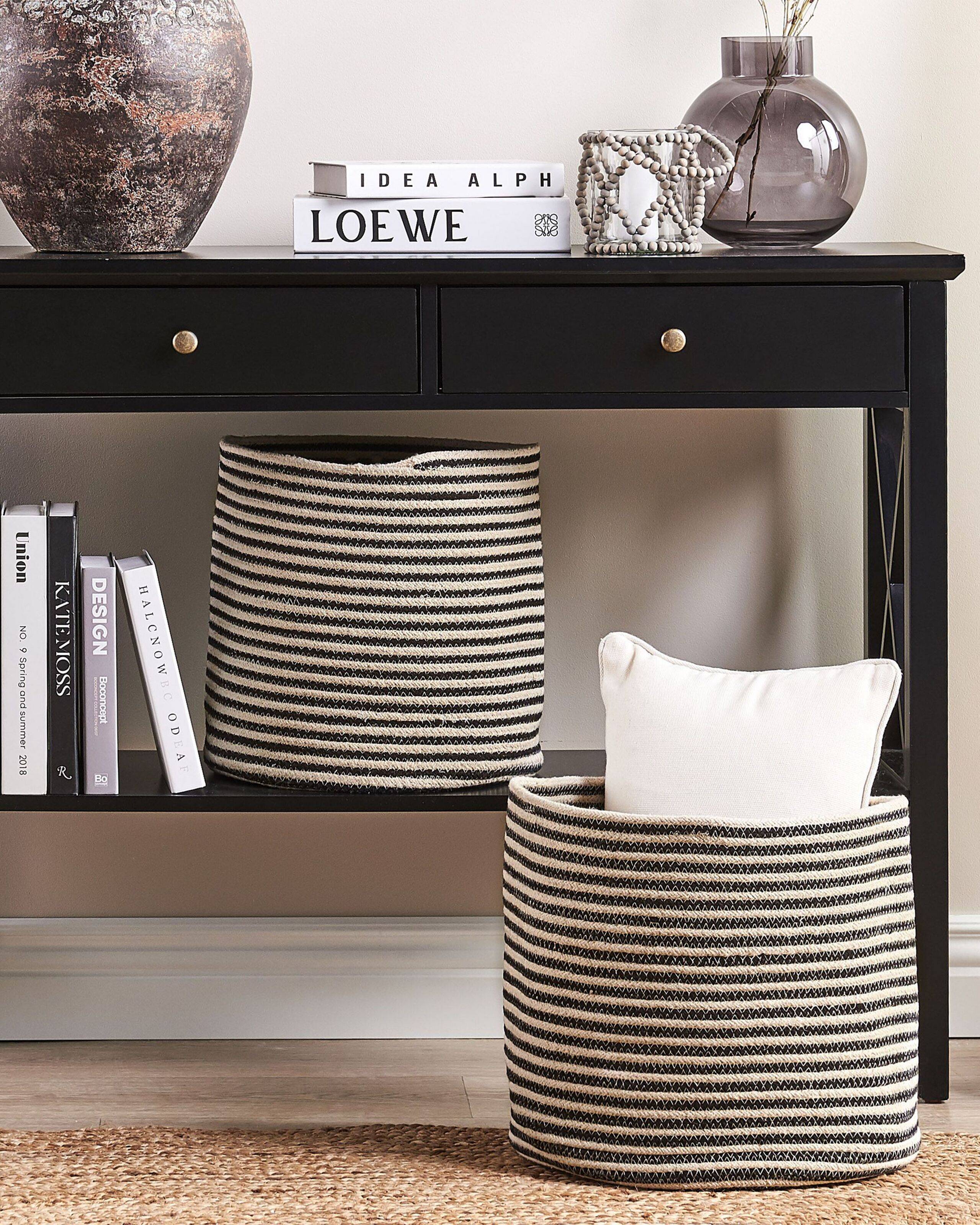 Paniers Beige et Noir en Coton Ronds 41 cm Corbeille à Linge Tressée Rangement pour Intérieur Minimaliste avec Couvercle Boîte Lot de 2 - Image 2